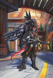  2023 adena_(ewgengster) anthro ashe_(overwatch) biped black_body black_fur black_hair blizzard_entertainment bob_(overwatch) brown_body brown_fur canid canine canis clothing cowboy_hat detailed_background dobermann domestic_dog dragon duo european_mythology ewgengster_(artist) female fur gun hair hart_raspel hat headgear headwear horn mammal mythological_creature mythological_scalie mythology overwatch pinscher ranged_weapon red_body red_scales scales scalie tail tan_body tan_scales traditional_media_(artwork) weapon western_dragon wingless_dragon yellow_sclera 