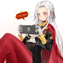  absurdres ascot blush cape company_name controller crossed_legs edelgard_von_hresvelg english_text female fire_emblem fire_emblem:_three_houses game_console game_controller gameplay_mechanics garreg_mach_monastery_uniform gloves hair_ribbon handheld_game_console highres holding holding_controller holding_game_controller long_hair long_sleeves meta nintendo_switch nintendo_switch_lite pantyhose playing_games purple_eyes red_cape red_pantyhose ribbon septoleaf sitting solo staring turtleneck uniform very_long_hair white_background white_gloves white_hair 