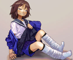  bike_shorts brown_eyes brown_hair clenched_teeth clothes_lift female gym_shorts hot jacket layered_clothes lifting_own_clothes loose_socks medium_hair no_shoes off_shoulder open_clothes open_shirt original school_uniform serafuku shirt_slip shorts shorts_under_skirt simple_background sitting skirt skirt_lift socks solo sweat teeth tessaku_ro track_jacket white_socks 