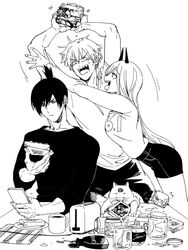  2boys arched_back arms_up black_shirt black_shorts blush bread bread_slice breasts chainsaw_man coffee_mug cowboy_shot cup denji_(chainsaw_man) eating feline female food food_in_mouth hair_between_eyes hayakawa_aki high_contrast high_ponytail holding holding_food holding_phone horns jam jar line_art long_hair long_sleeves looking_at_phone medium_breasts medium_hair meowy_(chainsaw_man) monochrome mouth_hold mug multiple_boys nair_(mindcreator) open_mouth phone power_(chainsaw_man) sharp_teeth shirt short_hair short_ponytail short_shorts shorts sweatdrop t-shirt teeth toast toast_in_mouth toaster toned toned_male tongue tongue_out white_background white_shirt 