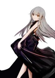  absurdres bad_id bad_pixiv_id black_dress brown_eyes chinese_commentary clothes_lift commentary dress dress_lift female girls&#039;_frontline grey_hair highres legs long_hair long_yue_(sskylarks) looking_at_viewer scar scar_across_eye scar_on_face solo ump45_(diamond_flower)_(girls&#039;_frontline) ump45_(girls&#039;_frontline) white_background 