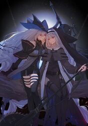  2girls absurdres arknights bare_shoulders candy_(pixiv15231759) grey_hair hat headpiece highres holding holding_weapon long_hair long_skirt looking_at_another low-tied_long_hair multiple_girls nun red_eyes skadi_(arknights) skadi_(elite_ii)_(arknights) skirt specter_(arknights) sword very_long_hair weapon white_hair 