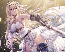  ahoge bare_shoulders blonde_hair blue_eyes blue_thighhighs breasts dress female flower gauntlets granblue_fantasy hair_flower hair_intakes hair_ornament hairband ivris jeanne_d&#039;arc_(granblue_fantasy) large_breasts photoshop_(medium) sideboob signature solo standard_bearer sword thighhighs torn_clothes torn_dress weapon white_dress 