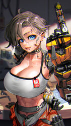  abs ahoge blue_eyes breasts brown_hair choker cleavage clothes_around_waist commentary_request cyberpunk dirty dirty_face ear_piercing eyebrow_piercing eyelashes female highres hiragana_oufu holster huge_breasts index_finger_raised lip_piercing lips looking_at_viewer mechanic mechanical_arms midriff name_tag nose original oversized_limbs piercing prosthesis short_hair smiley_face solo sports_bra white_sports_bra wrench 