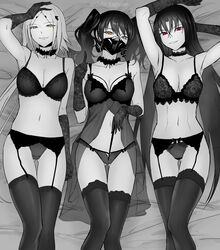  3girls armpits arms_up ass ass_visible_through_thighs bra breasts brown_eyes cleavage collarbone commentary conductor_baton executioner_(girls&#039;_frontline) garter_belt girls&#039;_frontline gloves green_eyes hair_between_eyes highres hunter_(girls&#039;_frontline) lingerie long_hair looking_at_viewer lying mask medium_breasts mizukamakiri multiple_girls navel on_back panties red_eyes respirator sangvis_ferri scarecrow_(girls&#039;_frontline) spot_color thighhighs twintails underwear underwear_only 