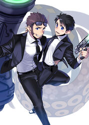  2boys alternate_costume bad_id bad_pixiv_id bigur blue_eyes blush brown_hair commentary_request facial_hair fate/grand_order fate_(series) formal fujimaru_ritsuka_(male) glasses goatee long_sideburns long_sleeves looking_at_viewer male_focus men_in_black multiple_boys napoleon_bonaparte_(fate) necktie pants sideburns smile suit teeth uniform weapon 