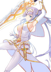  arm_guards arm_up armpits bare_shoulders belt blue_eyes blush breasts britomart_(fate) britomart_(second_ascension)_(fate) capelet center_opening cleavage coffeekite dagger double_bun dress elbow_gloves fate/grand_order fate_(series) female gloves gold_trim greatsword grey_hair hair_bun hairband highres knife large_breasts long_hair looking_at_viewer navel pants pointy_ears solo sword taut_clothes taut_dress thighs tight_clothes tight_pants twintails very_long_hair weapon white_capelet white_dress white_gloves white_pants 