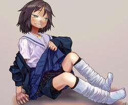  bike_shorts black_hair clenched_teeth clothes_lift female green_eyes gym_shorts hot jacket layered_clothes lifting_own_clothes loose_socks medium_hair no_shoes off_shoulder open_clothes open_shirt original school_uniform serafuku shirt_slip shorts shorts_under_skirt simple_background sitting skirt skirt_lift socks solo sweat teeth tessaku_ro track_jacket white_socks 