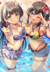  2girls :o ;d akashi_maho armlet armpits bad_id bad_pixiv_id bare_shoulders bikini bikini_shorts bikini_skirt black_bikini black_choker black_hair blonde_hair blue_bikini blunt_bangs blush bracelet breast_press breasts choker cleavage collarbone commentary_request cowboy_shot d4dj denim denim_shorts flower frilled_bikini frilled_skirt frills green_eyes groin hair_between_eyes hair_flower hair_ornament hairband half_updo highleg highleg_bikini highres holding_hands interlocked_fingers jewelry layered_bikini leg_belt lens_flare light_rays long_hair looking_at_viewer medium_breasts midriff multicolored_hair multiple_girls navel necklace one_eye_closed open_fly open_mouth petals petals_on_liquid pool salute scrunchie shindoi_akio short_hair short_shorts shorts sidelocks skirt smile sparkle standing streaked_hair sunbeam sunlight swimsuit symmetrical_docking thighlet togetsu_rei two-tone_hair wading water white_hairband white_scrunchie wrist_scrunchie yellow_bikini 