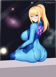  ass blonde_hair blue_bodysuit blue_eyes bodysuit breasts female galaxy highres impossible_bodysuit impossible_clothes keshigomu large_breasts long_hair looking_back metroid planet ponytail samus_aran science_fiction sitting skin_tight solo space star_(sky) window zero_suit 