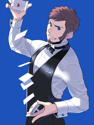  1boy alternate_costume alternate_hairstyle bad_id bad_pixiv_id bigur blue_eyes blush bow bowtie brown_hair card facial_hair fate/grand_order fate_(series) goatee long_sideburns long_sleeves looking_at_viewer male_focus napoleon_bonaparte_(fate) official_alternate_costume pants playing_card poker raised_eyebrows short_hair shuffling_cards sideburns simple_background smile solo teeth uniform very_short_hair vest 