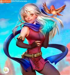  artist_name bangle bare_shoulders belt bird black_gloves black_legwear blue_scarf bracelet cowboy_shot didi_esmeralda dress elbow_pads female fingerless_gloves fire_emblem fire_emblem:_radiant_dawn gloves hair_ribbon half_updo jewelry long_hair micaiah outdoors patreon_username ribbon scarf side_slit silver_hair sleeveless sleeveless_dress smile solo yellow_eyes yune 