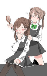  2girls absurdres alternate_hairstyle arashio_(kancolle) brown_hair closed_eyes commentary_request double_bun dress hair_brush hair_bun highres kantai_collection kneeling knees_together_feet_apart michishio_(kancolle) multiple_girls open_mouth pantyhose pinafore_dress sidelocks single_side_bun sleeveless sleeveless_dress smile twintails yoichi_(umagoya) 