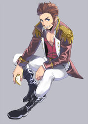  1boy bad_id bad_pixiv_id bigur black_footwear blue_eyes boots brown_hair epaulettes facial_hair fate/grand_order fate_(series) goatee long_sideburns looking_at_viewer male_focus military military_uniform napoleon_bonaparte_(fate) pants pectorals short_hair sideburns sitting smile solo spiked_hair uniform very_short_hair white_pants 