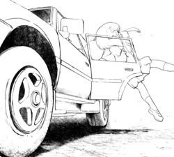  car commentary_request dress female greyscale hand_on_another&#039;s_mouth kidnapping line_art long_hair mary_janes monochrome motor_vehicle original road sakifox shoes socks sports_utility_vehicle surprised toyota_land_cruiser vehicle_focus 