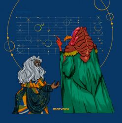  2019 alien ambiguous_gender astronomy aughra avian beak bird claws clothed clothing diagram digital_drawing_(artwork) digital_media_(artwork) dress duo emotional english_text fingers grey_hair hair horn humanoid mammal marvacu monster rear_view robe simple_background skeksis skektek_(tdc) text the_dark_crystal 