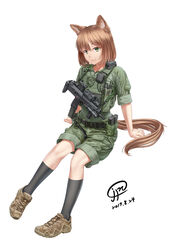  animal_ears belt brown_hair commentary dated dog_ears dog_girl dog_tail female german_shepherd green_eyes gun gun_sling h&amp;k_mp7 highres jpc kneehighs load_bearing_vest looking_at_viewer medium_hair original pants pants_rolled_up pigeon-toed shorts_rolled_up signature simple_background sitting sleeves_rolled_up socks solo submachine_gun tail walkie-talkie weapon white_background 