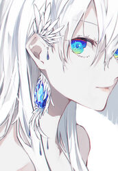  aqua_eyes asymmetrical_hair bare_shoulders blue_eyes blue_gemstone close-up closed_mouth commentary_request crystal_earrings earrings expressionless eye_focus eyelashes eyes_visible_through_hair feather_earrings feathers female gem gradient_eyes green_eyes hair_between_eyes highres jewelry looking_at_viewer looking_to_the_side multicolored_eyes original ornament_focus pale_skin portrait profile simple_background solo spot_color straight_hair tareme white_background white_hair white_theme yagi_(shiro_yagi) yellow_eyes 