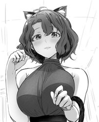  animal_ears antenna_hair armpit_crease blush breasts cat_ears cat_tail commentary_request female greyscale hinoshita_akame idolmaster idolmaster_million_live! impossible_clothes large_breasts light_smile looking_at_viewer monochrome nyan shirt short_hair sleeveless sleeveless_shirt solo sweatdrop tail toyokawa_fuka upper_body wavy_hair 