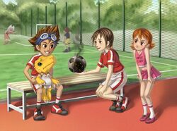  agumon anthro ball bandai_namco bottomwear clothing digimon digimon_(species) female group hi_res human izzy_izumi lolicon male mammal mimi_tachikawa mother_(lore) parent_(lore) shorts soccer soccer_ball son_(lore) sora_takenouchi sport sportswear taichi_kamiya young young_anthro young_female young_human young_male yuuko_kamiya 