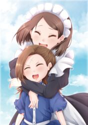  2girls :d anne_shelley apron arms_around_neck asymmetrical_bangs black_dress blue_dress blue_sky brown_hair closed_eyes cloud cloudy_sky commentary day dress facing_viewer frilled_sleeves frills happy highres hug hug_from_behind juliet_sleeves kaigara_suupu katarina_claes long_dress long_sleeves maid maid_apron maid_headdress medium_hair multiple_girls open_mouth otome_game_no_hametsu_flag_shika_nai_akuyaku_reijou_ni_tensei_shite_shimatta outdoors puffy_sleeves scar scar_on_face scar_on_forehead short_hair short_sleeves sky smile standing swept_bangs v-shaped_eyebrows white_apron 