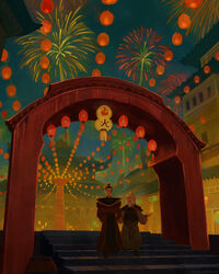  2boys arch avatar:_the_last_airbender avatar_legends barrel beard black_hair burn_scar commentary devin_elle_kurtz english_commentary facial_hair fireworks grey_hair hair_bun highres iroh lantern multiple_boys night night_sky photoshop_(medium) scar single_hair_bun sky smile stairs town uncle_and_nephew walking zuko 