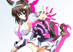  animal_ears between_breasts breasts brown_eyes brown_hair closed_mouth commentary cosplay covered_navel covered_nipples fake_animal_ears fake_tail female frown girls_und_panzer hairband highres horse_ears horse_girl horse_tail kamishima_kanon large_breasts leaning_forward looking_at_viewer mihono_bourbon_(umamusume) mihono_bourbon_(umamusume)_(cosplay) miniskirt necktie necktie_between_breasts nishizumi_maho pleated_skirt purple_necktie reaching reaching_towards_viewer short_hair silhouette simple_background skirt solo standing tail tail_ornament thighhighs umamusume white_background white_hairband white_skirt white_thighhighs 