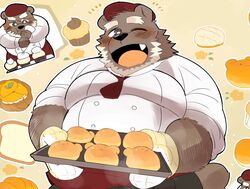  2021 anthro bakery_bear_(hyaku) bear bread brown_body brown_fur chef clothing food fur hat headgear headwear hyaku_(artist) kemono male mammal one_eye_closed overweight overweight_anthro overweight_male shirt solo topwear wink 