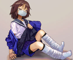  bike_shorts brown_eyes brown_hair clothes_lift female gym_shorts hot jacket layered_clothes lifting_own_clothes loose_socks mask medium_hair mouth_mask no_shoes off_shoulder open_clothes open_shirt original school_uniform serafuku shirt_slip shorts shorts_under_skirt simple_background sitting skirt skirt_lift socks solo surgical_mask sweat tessaku_ro track_jacket white_socks 