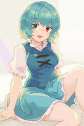  :d arm_support blue_eyes blue_hair blue_skirt blue_vest blush breasts cross-laced_clothes feet_out_of_frame female frills grey_background heterochromia highres looking_at_viewer medium_breasts open_mouth petticoat puffy_short_sleeves puffy_sleeves red_eyes short_hair short_sleeves simple_background sitting skirt smile solo swept_bangs tatara_kogasa touhou vest wasabisuke 