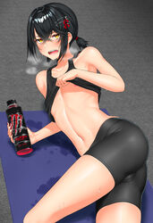  1boy absurdres alternate_costume ass bike_shorts black_hair black_shorts black_tank_top blush bottle breath bulge clothes_lift collarbone crotch_seam dripping earrings energy_drink exercising fangs fingernails hair_between_eyes hair_ornament hairclip hand_up highres holding holding_bottle indoors jewelry jitome karasu_(jjwh2832) lifting_own_clothes looking_at_viewer lying male_focus mashiro_meme monster_energy navel nijisanji nipples on_floor on_side open_mouth otoko_no_ko red_nails safety_pin shiny_clothes shirt_lift short_hair short_shorts short_twintails shorts sidelocks solo stud_earrings sweat tank_top twintails virtual_youtuber yellow_eyes 