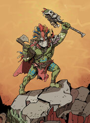  1boy absurdres animal_skull axe barefoot cape colored_skin commentary_request effigy feathers full_body green_skin hatchet_(axe) highres ho-uja korean_commentary loincloth male_focus mask no_humans orange_background orange_sky orc outdoors red_cape shaman skull sky solo spikes staff standing stone tattoo tribal tribal_tattoo war_paint warhammer_fantasy wurrzag_da_prophet 