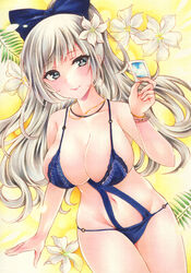  azur_lane bikini blue_bikini blue_bow blush bow bracelet breasts cleavage closed_mouth female flower grey_eyes grey_hair hairbow highres holding jewelry large_breasts leaf linked_bikini lips long_hair marker_(medium) monokini necklace o-ring o-ring_swimsuit official_alternate_costume saya_pr solo swimsuit traditional_media vittorio_veneto_(azur_lane) vittorio_veneto_(the_flower_of_la_spezia)_(azur_lane) white_flower 