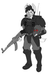  2019 absurd_res albert_reyes anthro armor clothed clothing digital_media_(artwork) fully_clothed headgear hi_res holding_object holding_weapon hyena kerberos_saga male mammal monochrome simple_background solo spotted_hyena thewilldpink weapon 