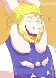  anthro asgore_dreemurr beard blonde_hair boss_monster_(undertale) bovid bust_portrait caprine closed_eyes clothed clothing delta_rune_(emblem) facial_hair fangs floppy_ears hair happy hi_res horn long_ears male mammal mature_male nodding open_mouth portrait repzzmonster simple_background solo symbol teeth undertale undertale_(series) yellow_background 