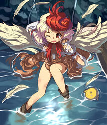  animal bird bird_wings blonde_hair blush chick commentary commentary_request dress feathered_wings female highres multicolored_hair niwatari_kutaka one_eye_closed open_mouth orange_dress partial_commentary plucked_feathers red_eyes red_hair shirt short_hair short_sleeves solo sunken_fossil_world syope torn_clothes torn_dress torn_shirt touhou two-tone_hair whistle whistle_around_neck white_shirt wings yellow_wings 