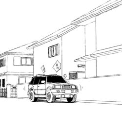  building car commentary_request greyscale line_art monochrome motor_vehicle no_humans original road sakifox sports_utility_vehicle toyota_land_cruiser vehicle_focus window 