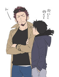  2boys bad_id bad_pixiv_id bigur black_hair brown_hair casual closed_eyes closed_mouth coat cowboy_shot crossed_arms facial_hair fate/grand_order fate_(series) fujimaru_ritsuka_(male) goatee hands_in_pockets hood hoodie long_sideburns looking_at_another male_focus multiple_boys napoleon_bonaparte_(fate) sideburns simple_background standing translated trench_coat white_background 