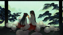  2girls calligraphy_brush chinese_clothes hair_ornament lantern leaf looking_at_another multiple_girls original paintbrush paper_lantern pencil rain ribbon_hair sitting tree xian_xiao_jiu 