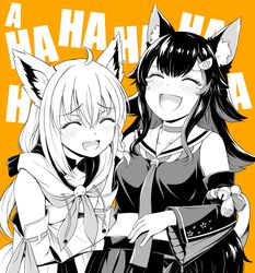  2girls :d ^_^ ahoge animal_ear_fluff animal_ears black_hair blush braid choker closed_eyes commentary detached_sleeves drawstring ear_piercing fox_ears fox_girl hair_between_eyes hair_ornament hairclip hololive laughing long_hair monochrome multiple_girls necktie noise_(tsuzuki) ookami_mio ookami_mio_(1st_costume) open_mouth orange_background piercing sailor_collar shirakami_fubuki shirakami_fubuki_(1st_costume) side_braid simple_background single_braid smile tears virtual_youtuber white_hair wide_sleeves wolf_ears wolf_girl 