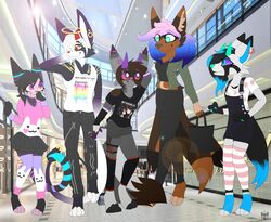  abbi_(slates1n) absurd_res aether_(slates1n) alternative_fashion angel anthro band_merch big_dom_small_sub canid canine canis cat_demon clothing conditional_dnp domestic_cat dominant ear_piercing emo fairy_kei felid feline felis female garter_straps gradient_hair group gynomorph hair halo hati_(slates1n) hemlock_(slates1n) hi_res horn hybrid intersex j-fashion legwear lens_flare male mall mammal military_jacket multi_tail my_chemical_romance overalls photo_background photography_(artwork) piercing pink_clothing pink_shirt pink_topwear polyamory shirt shopping shopping_bag size_difference slate_(slates1n) slates1n spade_tail tail thigh_highs topwear trans_(lore) trans_woman_(lore) tri_tails wolf 