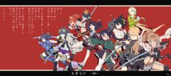  6+girls animal_ears aqua_eyes arm_armor armored_skirt artist_name asymmetrical_legwear bikini black_gloves black_hair black_jacket blonde_hair blue_kimono boots bow bowl bridal_gauntlets brown_skirt cardigan cat_ears cat_tail chest_sarashi chokutou chopsticks closed_eyes closed_mouth collared_dress cuffs doudanuki_masakuni_(tenka_hyakken) dress fighting_stance floral_print foglia_(fogpics) fur_collar gloves green_bow green_cardigan green_eyes hand_fan handcuffs headgear high_ponytail highres holding holding_bowl holding_chopsticks holding_fan holding_sword holding_weapon hotarumaru_kunitoshi inaba_gou_(tenka_hyakken) jacket japanese_clothes jumping katana kijinmaru_kunishige_(tenka_hyakken) kimono knee_boots letterboxed long_hair low_ponytail midriff mijinmaru_(tenka_hyakken) military military_uniform momijigari_kanemitsu multiple_girls obi_bow ootachi open_clothes open_jacket open_mouth orange_eyes orange_hair ponytail puffy_pants purple_eyes purple_skirt raikirimaru red_skirt rice_bowl rope sarashi scarf shichiseiken_(tenka_hyakken) short_shorts shorts side_slit skirt spiked_hair striped_clothes striped_thighhighs swimsuit sword tail tenka_hyakken teppougiri_kanemitsu thighhighs uniform wakizashi weapon white_gloves white_thighhighs wide_sleeves yellow_eyes 