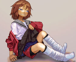  bike_shorts blue_eyes brown_hair clenched_teeth clothes_lift female gym_shorts hot jacket layered_clothes lifting_own_clothes loose_socks medium_hair no_shoes off_shoulder open_clothes open_shirt original school_uniform serafuku shirt_slip shorts shorts_under_skirt simple_background sitting skirt skirt_lift socks solo sweat teeth tessaku_ro track_jacket white_socks 