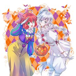  2girls ahoge blue_eyes blush bow braid braided_ponytail clown commentary english_commentary feet_out_of_frame gloves green_eyes hair_between_eyes hairbow halloween halloween_costume highres iesupa it_(stephen_king) long_hair long_sleeves looking_at_viewer medium_hair multiple_girls open_mouth orange_hair penny_polendina rwby salute side_ponytail weiss_schnee white_hair 