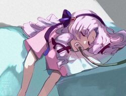  blue_bow bow closed_eyes drill_hair endoscope female hair_between_eyes hair_ribbon hairband hairbow hyakumantenbara_salome light_purple_hair long_hair lying nijisanji on_side parted_bangs pink_shirt purple_hairband purple_ribbon ribbon shirt sleeping solo teria_(teriarian) virtual_youtuber 