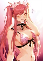  absurdres adapted_costume bad_id bare_shoulders bow bow_bra bra breasts brown_eyes choker fate/grand_order fate_(series) female gradient_background hair_ornament highres lingerie long_hair looking_at_viewer mashuu_(neko_no_oyashiro) medb_(fate) medb_(swimsuit_saber)_(fate) medb_(swimsuit_saber)_(second_ascension)_(fate) medium_breasts one_eye_closed pink_hair scan simple_background smile solo tongue tongue_out twintails underwear underwear_only upper_body 