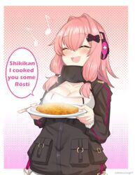  abineko absurdres black_jacket closed_eyes english_text female food girls&#039;_frontline hair_intakes hair_ornament headphones highres holding holding_food holding_plate jacket k31_(girls&#039;_frontline) long_sleeves medium_hair pink_hair plate sidelocks solo speech_bubble tactical_clothes upper_body x_hair_ornament 