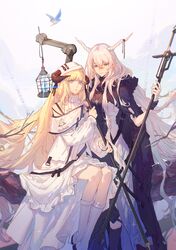  2girls absurdres animal arknights bare_shoulders bird birdcage blonde_hair blue_eyes cage candy_(pixiv15231759) chinese_commentary demon_girl demon_horns dress floating_hair flying hair_between_eyes headpiece highres holding holding_sword holding_weapon horns jewelry long_hair looking_at_viewer multiple_girls necklace nightingale_(arknights) shining_(arknights) sitting staff standing sword very_long_hair weapon white_dress white_hair 