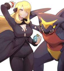  absurdres alternate_breast_size arm_up berry_(pokemon) black_coat black_pants black_shirt blonde_hair breasts cleavage coat commentary cynthia_(pokemon) female fur-trimmed_coat fur_collar fur_trim garchomp hair_ornament hair_over_one_eye highres holding holding_poke_ball large_breasts long_hair long_sleeves naru_peng pants poke_ball poke_ball_(basic) pokemon pokemon_(creature) pokemon_dppt shirt smile v-neck yache_berry 