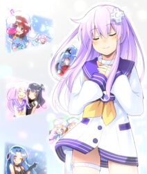  5pb_(neptunia) 6+girls black_hair blue_hair brown_hair choujigen_game_neptune_mk2 closed_eyes collar commentary_request d-pad d-pad_hair_ornament doria_(p_f_dolia) dress flask guitar gust_(neptunia) hair_between_eyes hair_ornament hands_on_own_chest hat headphones heart heart_necklace holding holding_flask holding_instrument instrument jewelry long_hair long_sleeves multiple_girls neckerchief necklace nepgear neptune_(series) nippon_ichi_(neptunia) purple_hair ram_(neptunia) rom_(neptunia) sailor_dress smile thigh_strap uni_(neptunia) yellow_neckerchief 